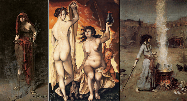 Triptyque de trois tableaux représentant des sorcières. De gauche à droite : la Prêtresse de Delphes, de John Collier (1891), Deux sorcières, de Hans Baldung (1523), et Le cercle magique, de John William Waterhouse (1886).