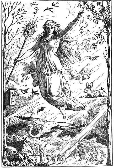 La déesse Éostre / Ostara vole à travers les cieux entourée de putti d'inspiration romaine, de faisceaux de lumière et d'animaux. Les peuples germaniques regardent la déesse depuis le royaume d'en bas.