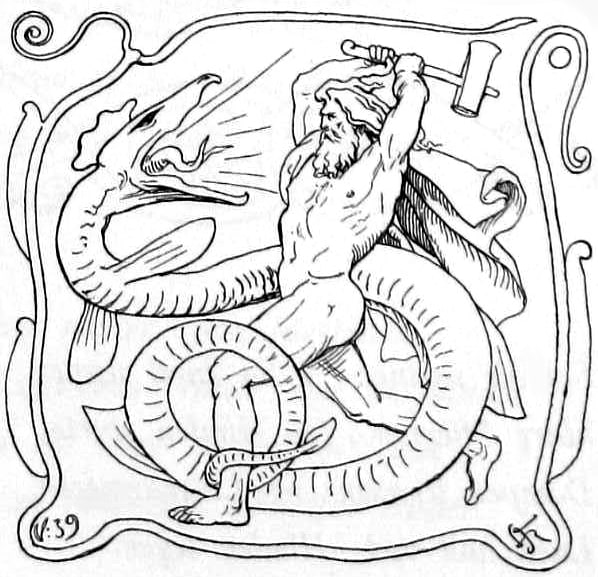 Gravure représentant Thor, nu, se préparant à frapper un serpent géant avec son marteau.