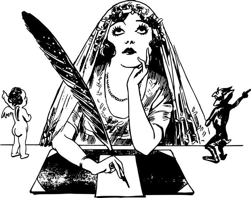 Dessin en noir et blanc représentant une femme regardant vers le haut et s’apprêtant à écrire à la plume sur une page blanche. Sur les côté se trouve un angelot et un diablotin.