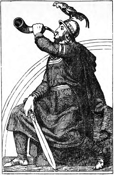 Un homme assis, soufflant dans un cor, et avec un coq posé sur sa tête.