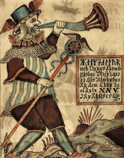Illustration montrant un homme en armure soufflant dans un cor et tenant un caducée.