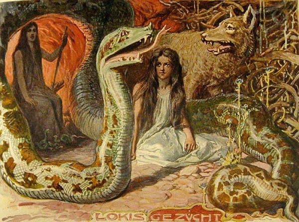 Illustration représentant de gauche à droite : dans le fond une femme présumée être la géante Angrboða, puis les enfants qu'elle a eu avec Loki, le serpent géant Jörmungandr, la déesse du royaume des morts, Hel, encore jeune fille, et le loup géant Fenrir.