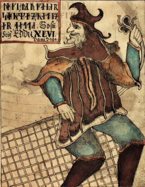 Page de manuscrit représentant un homme avec des drôles d'habits, tourné vers la droite mais regardant vers la gauche, et tenant un filet.