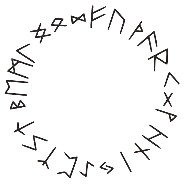 Sur fond blanc, sont inscrites en noir en cercle les 24 runes du vieux Futhark.