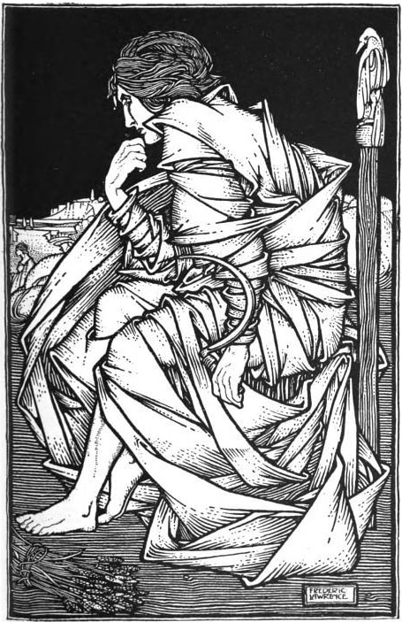 Illustration en noir et blanc montrant le dieu Freyr, recouvert d’un tissu avec beaucoup de plis, assis et pensif, avec derrière lui un bâton.