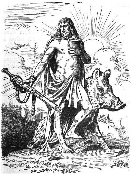 Gravure montrant le dieu nordique Freyr, seulement vêtu d’une cape cachant son entrejambe, tenant une épée dans son fourreau de la main droite et accompagné d’un sanglier.