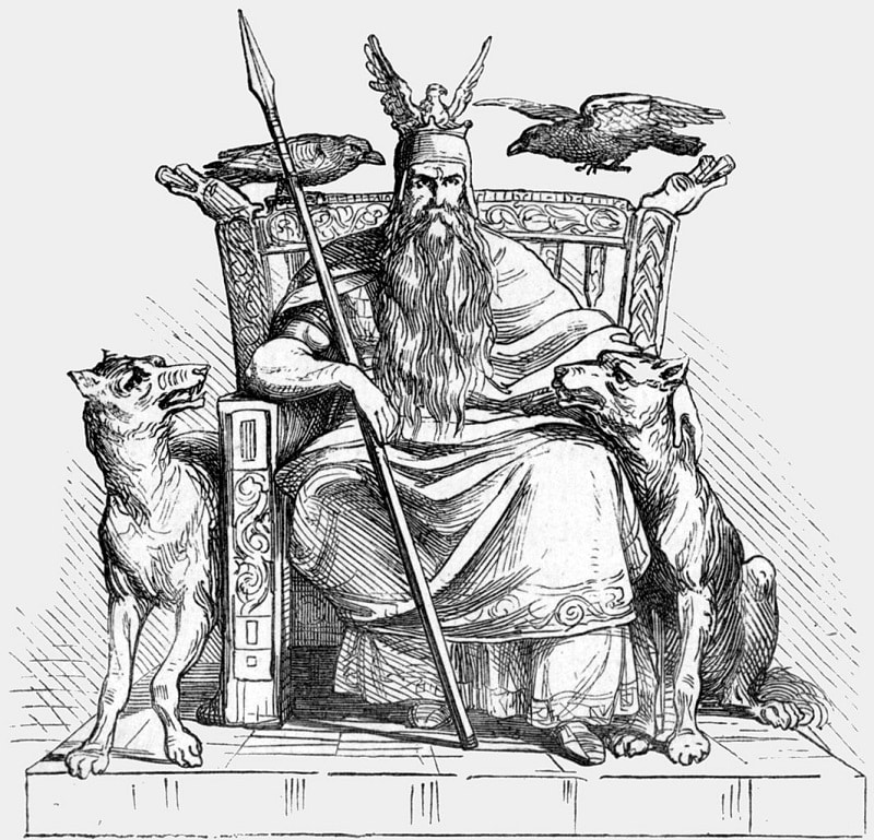 Illustration en noir et blanc du dieu nordique Odin sur son trône, flanqué de ses deux loups, Geri et Freki, et de ses deux corbeaux, Huginn et Muninn, et tenant sa lance Gungnir.